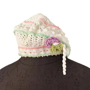 Vintage White Cotton Crochet Béret Floral Detail Ribbon Coquette